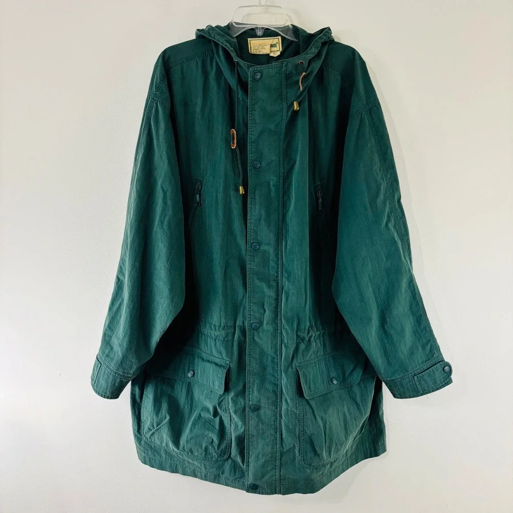 LL Bean Vintage Mens XL Tall Green Field Parka Hooded Jacket Cotton Nylon